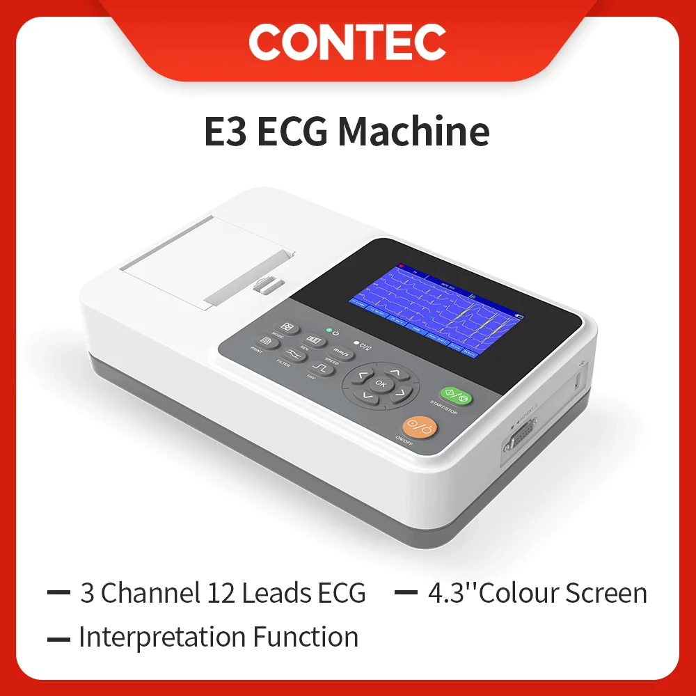 CONTEC E3 ECG Machine 4.3&lsquo;&rsquo; Colorful HD Display Screen 3 Channel 12 Leads Machine Accurate Measurement Auto-analysis Function