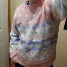 Suéter de punto Kawaii japonés para mujer, jersey de manga larga con estampado de fresa, Top de punto Rosa Vintage para Otoño e Invierno