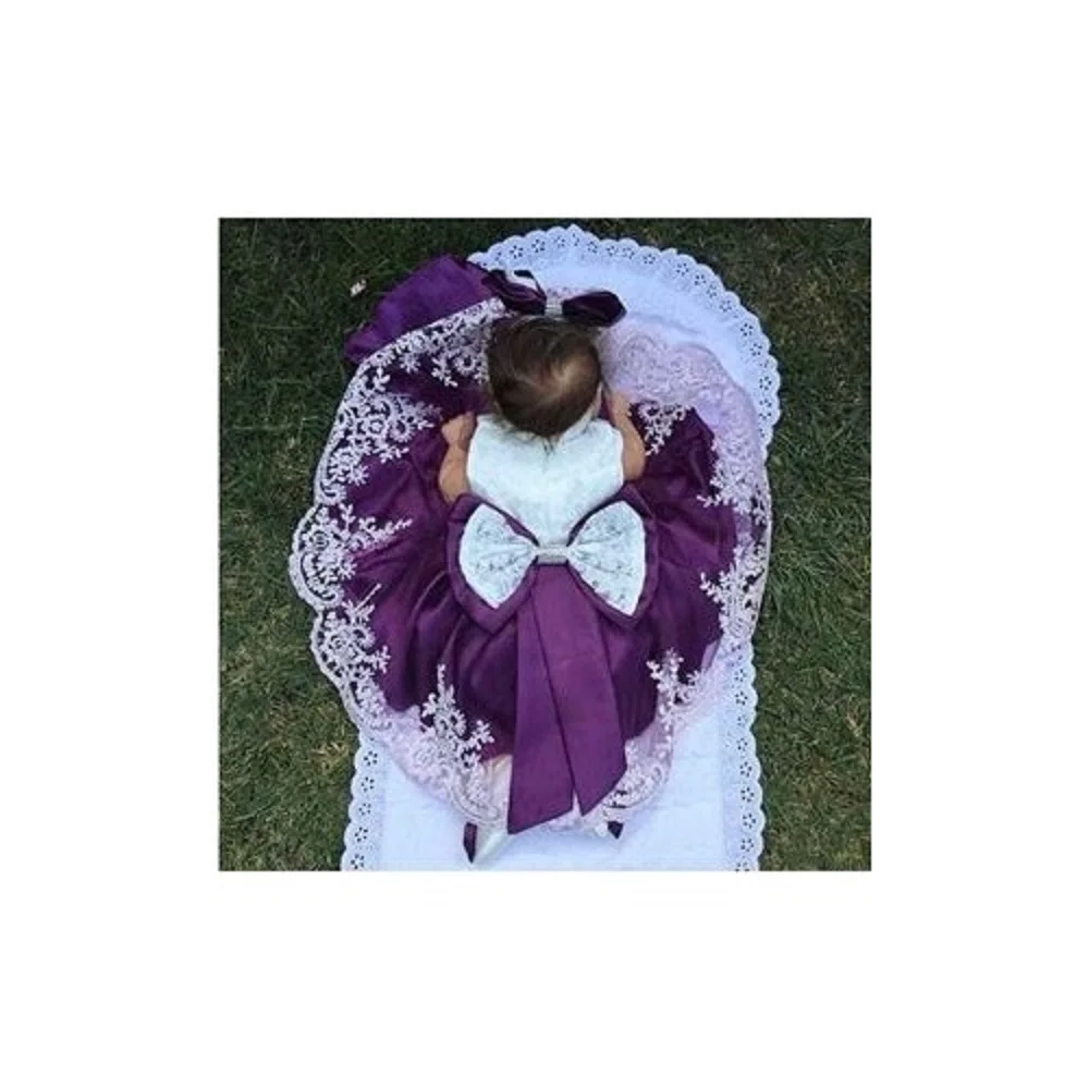 

Baby Girl Christening Dress Purple Laced Bowknoted Ceremonial Dress 6-piece Quality Cotton