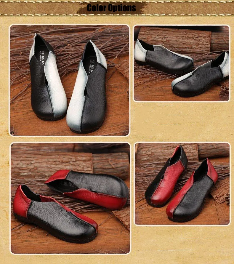 Designer Zweifarbige Damenschuhe aus Echtleder Ballerinas Vintage V-Cut Loafer Einzigartige Mokassins mit Weiter Passform – Detail 6