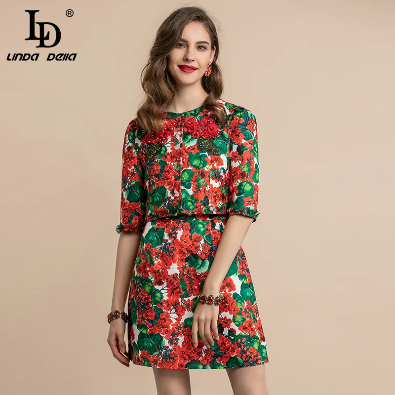 LD LINDA Делла, Осенняя мода, Подиумные элегантные комплекты, женские Цветочные аппликации, принтованные юбки, комплекты из двух предметов, женский костюм - Цвет: Многоцветный
