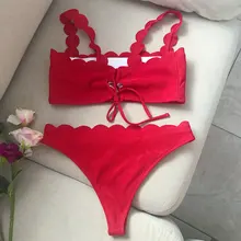 INGAGA-Bikinis de realce para mujer, traje de baño con borde festoneado, bañador de banda Negro, Bikini liso para mujer, ropa de playa 2021