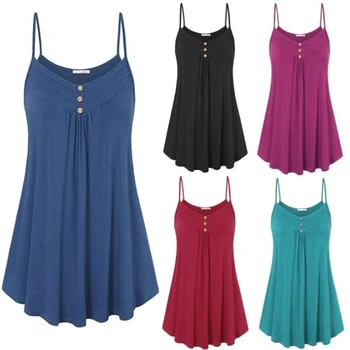 

Summer plus size camisole strap V-neck button pleated irregular shirt solid color camisole