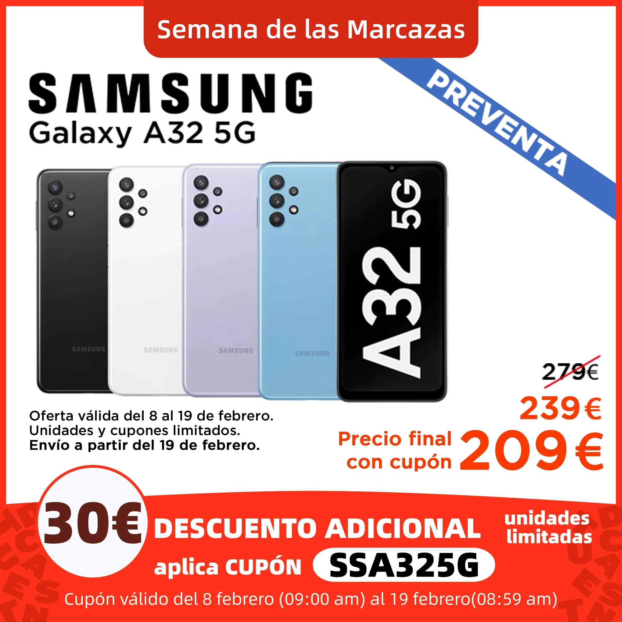 PREVENTA Samsung Galaxy A32 5G, 4+64GB, 6.5" HD+ Infinity V, 4 cámaras 48MP, selfie 13MP, 5000mAh, carga rápida 15W, Octa Core|Teléfonos móviles| - AliExpress
