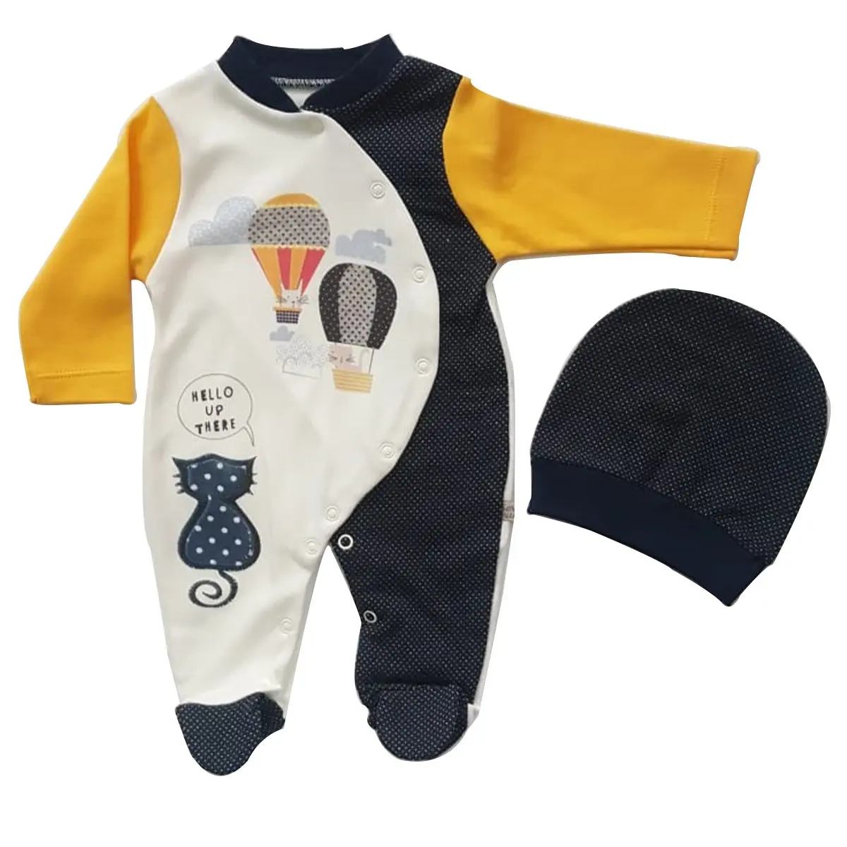 

Hello Up There Written Yellow Laci Air Bubble Rompers