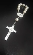 Perla de imitación de cuentas católica Rosario Católico comunión color plata alas colgantes del Crucifijo pulsera lindo regalo