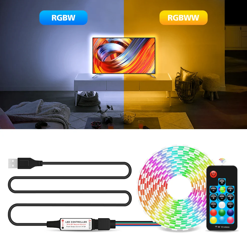 RGBW / RGBWW USB LED Streifen Licht 5050 RF fernbedienung 50CM 1M 2M 3M 4M  für PC TV Hintergrund Beleuchtung Flexible licht DC5V