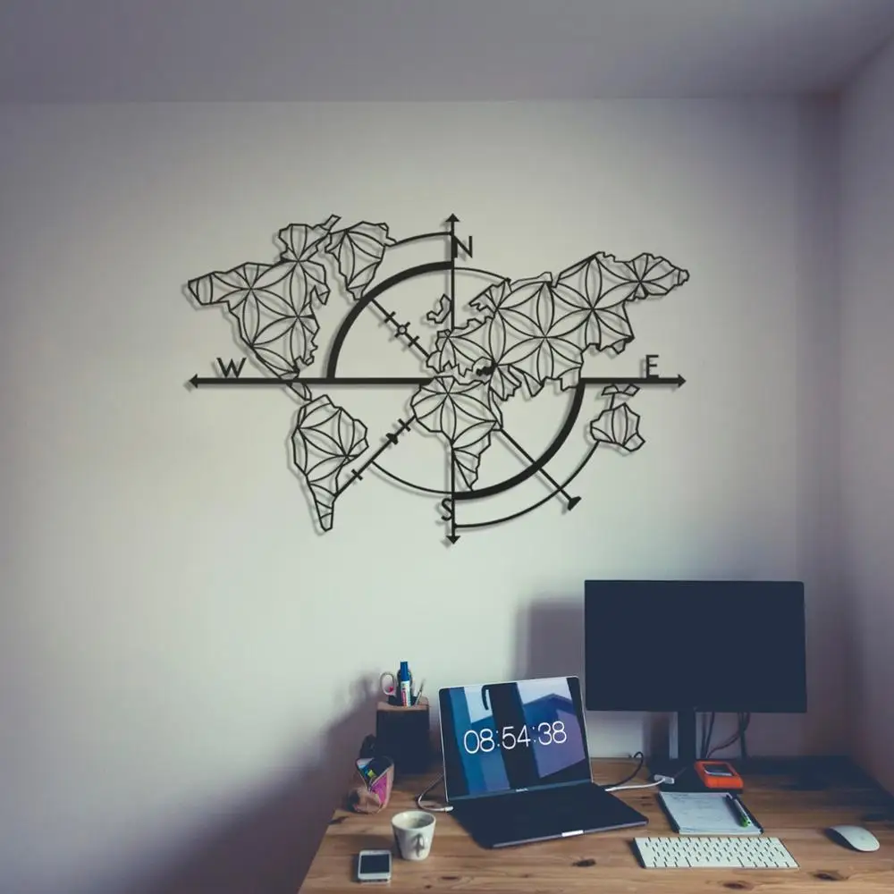 BAUPOR Metal World Map Wall Art Compass World Map 3D Wall Silhouette Metal Wall Decor Home Office Bedroom Living Room Decoration