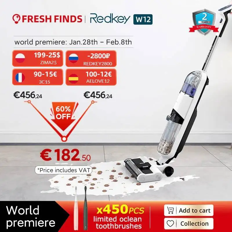 【Мировая премьера】Redkey W12 Аккумуляторный пылесос для влажной и сухой уборки для дома Все в одном Умная беспроводная моющая машина для мытья полов Самоочищающаяся