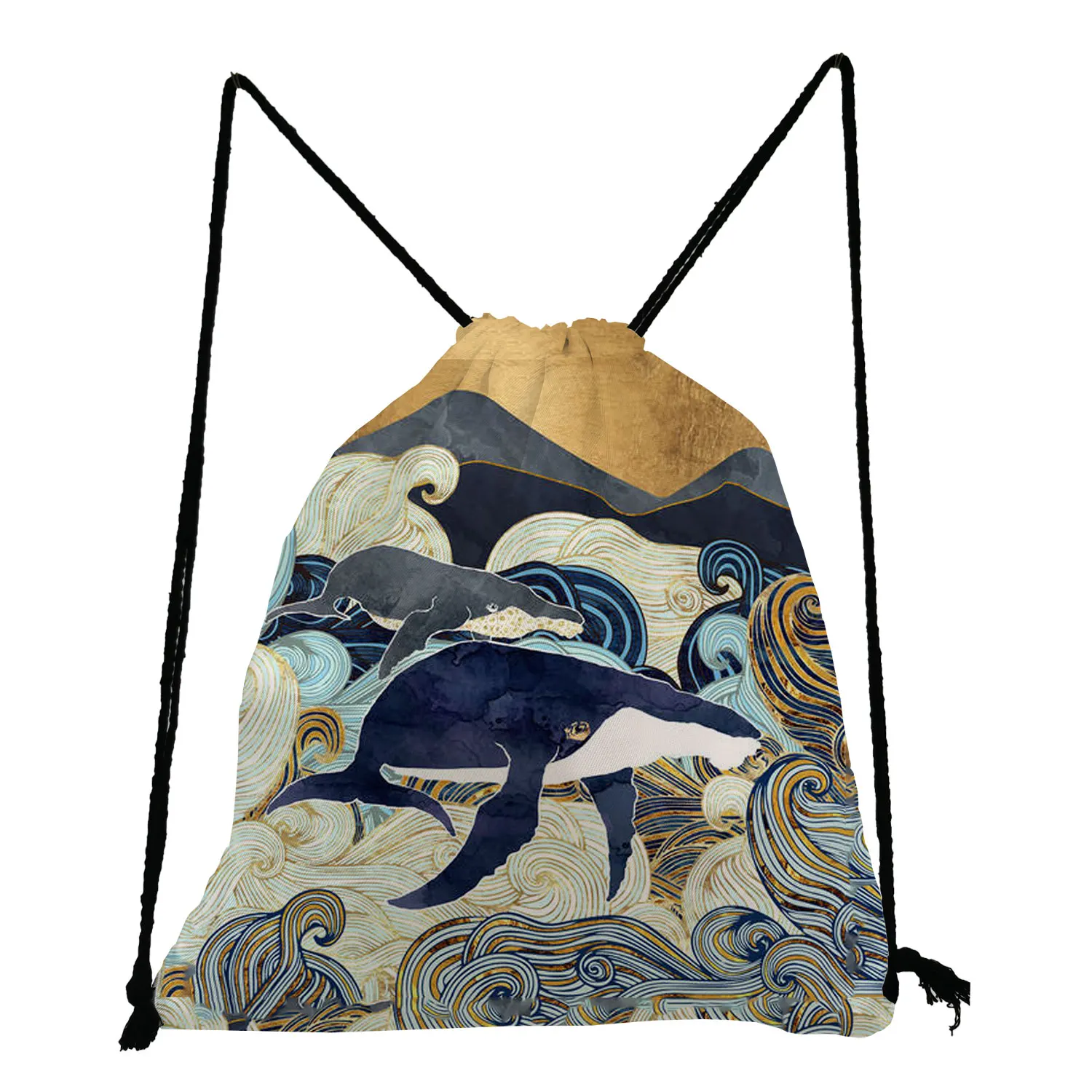 

Whale Cloud Landscape Printed Softback Bag Japanese Ukiyo-e Design Casual Drawstring Bags HIgh Capacity Portable Backpack Bags