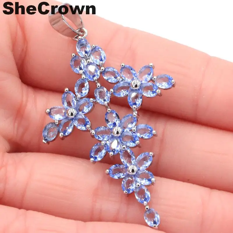 

53x30mm Classic Long Cross Violet Tanzanite Flower Shape Gift For Mother Silver Pendant
