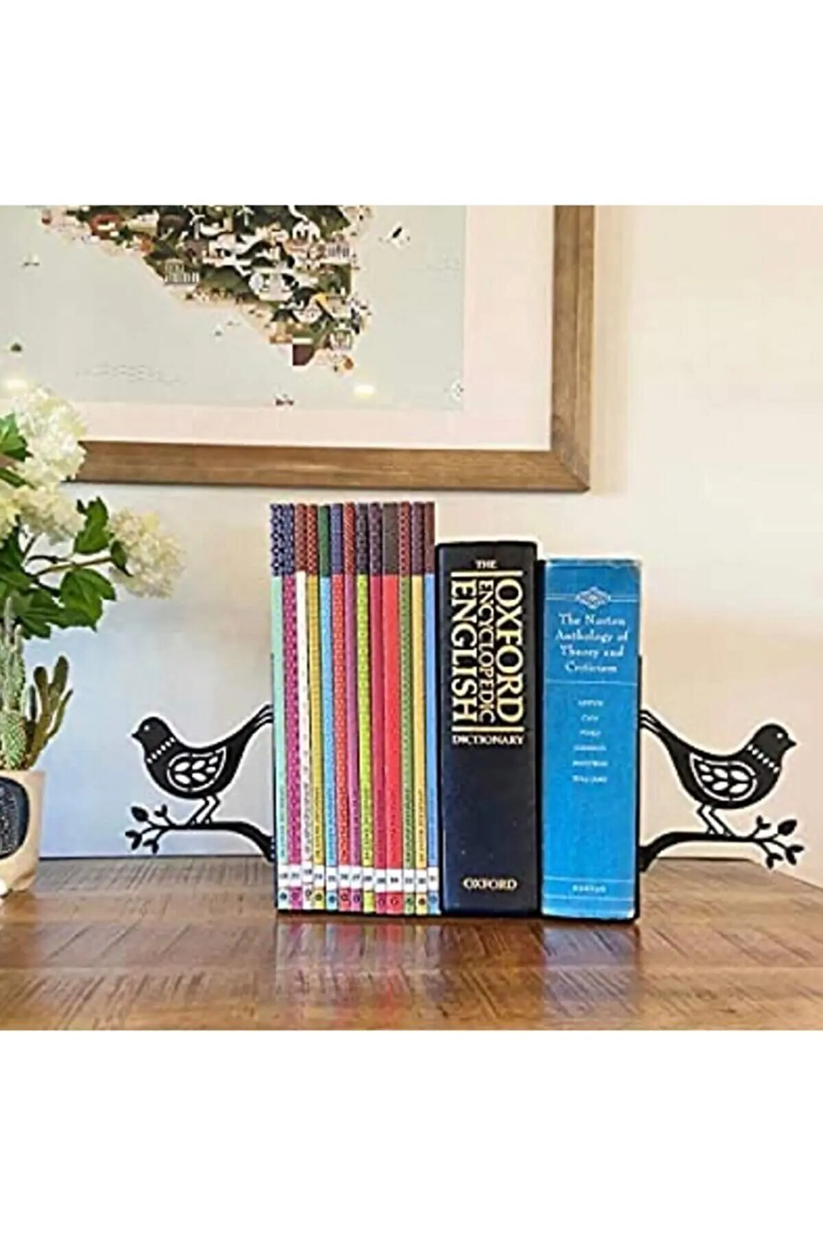 support-de-livre-modele-a-motifs-d'oiseaux-noirs-en-metal-design-elegant-2-etageres-produit-de-decoration-pour-la-maison