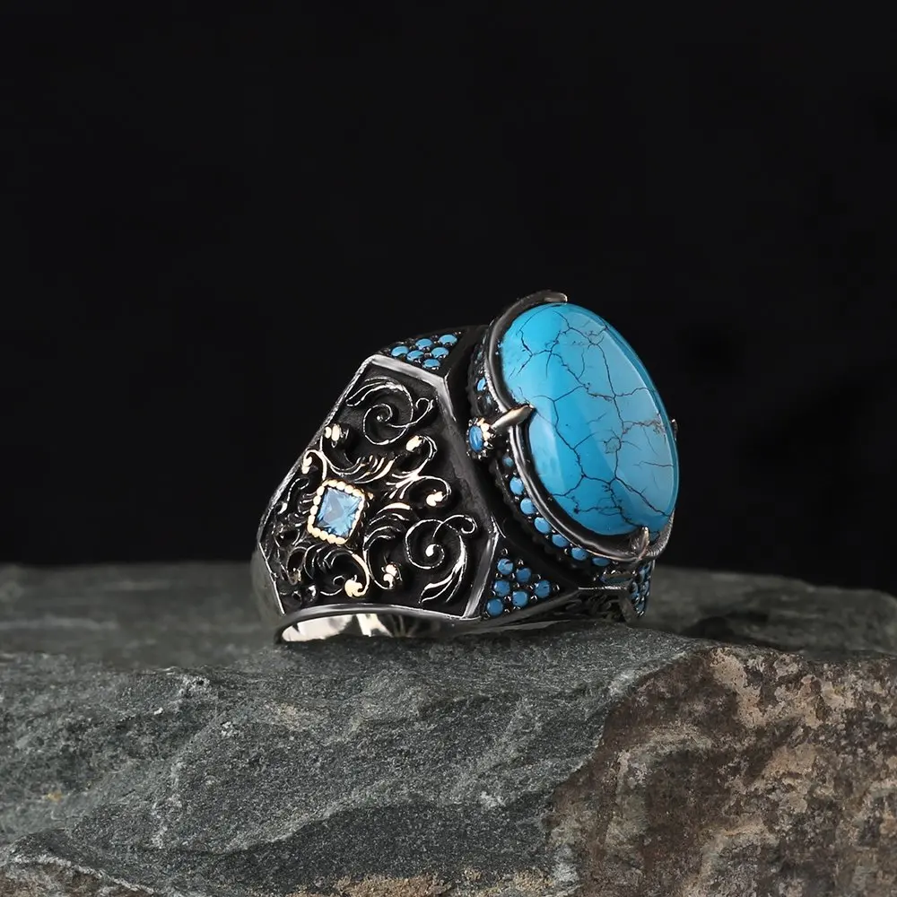 

MEN 'S Turquoise Gemstone 925 Sterling Mens Silver Ring, Vintage Real Natural Stone Free Shipping, Gift Jewelry, fashion Trendy Made in Turkey