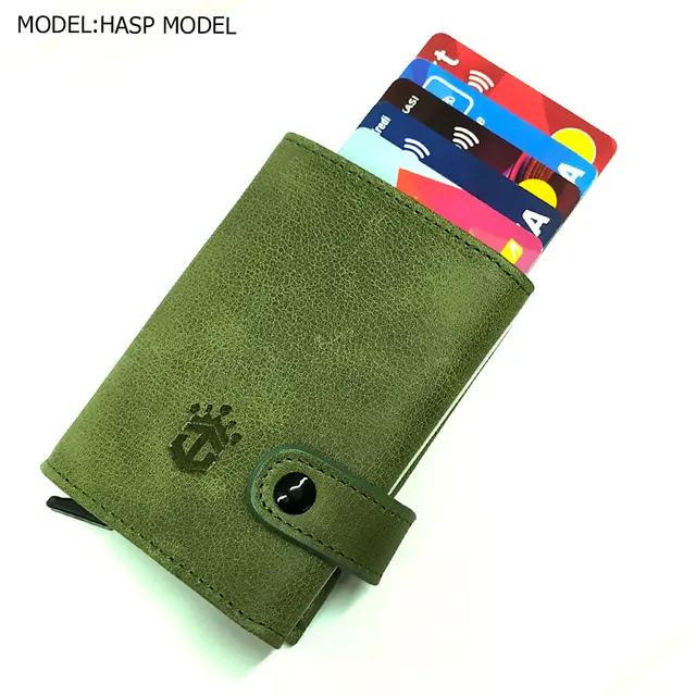 Smart Wallet Business Card Holder Real Cow Leather Handmade Smart Automatic Card Holder Men Gift green