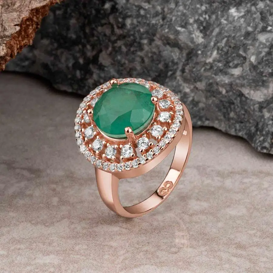 

Rose Gold Color Silver Zircon Stone Embroidered Ladies Ring With Green Stone Fashion Turkish Premium Quality Handmade Jawelery