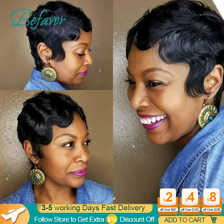 

Glueless Short Wigs Human Hair For Black Women Machine Made Wig Brazilian Finger Wave Wig Short Pixie Cut Wig Natural Color 150%