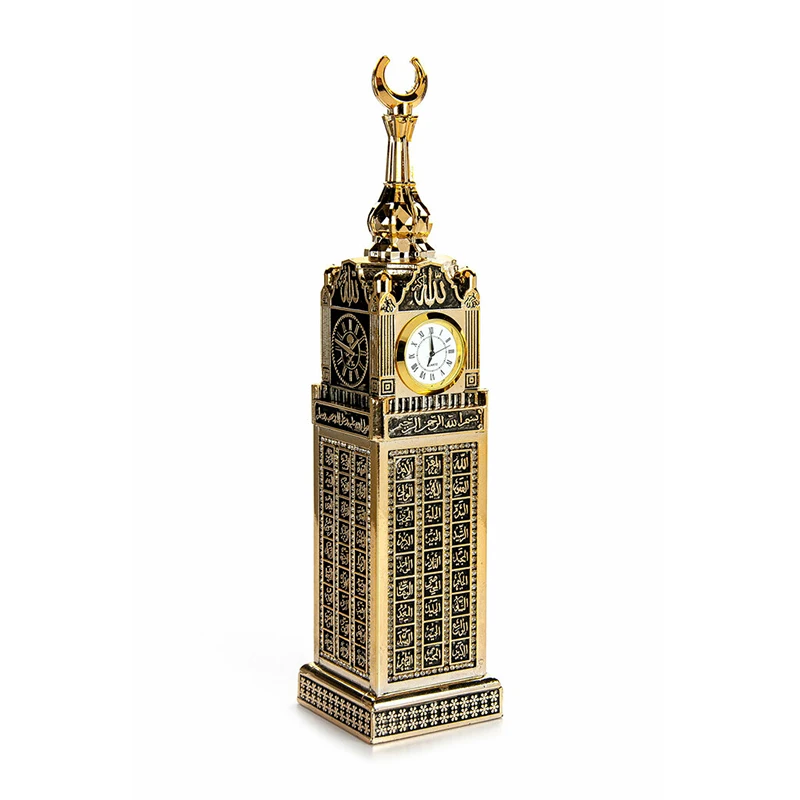

Zemzem Tower Desk Clock Esma ül Hüsna Home Decor Mecca Rhinestone Islamic Art Sculpture Table Decoration Gift Size 24*6 CM