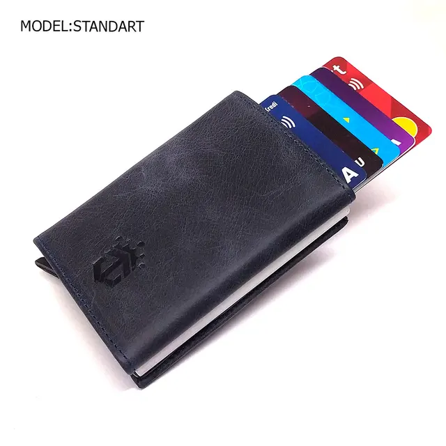 Smart Wallet Business Card Holder Real Cow Leather Handmade Smart Automatic Card Holder Men Gift Standart Navy blue
