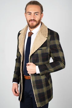 

DeepSEA Male Khaki Plaid Pattern Furry Stamp Coat 2002210