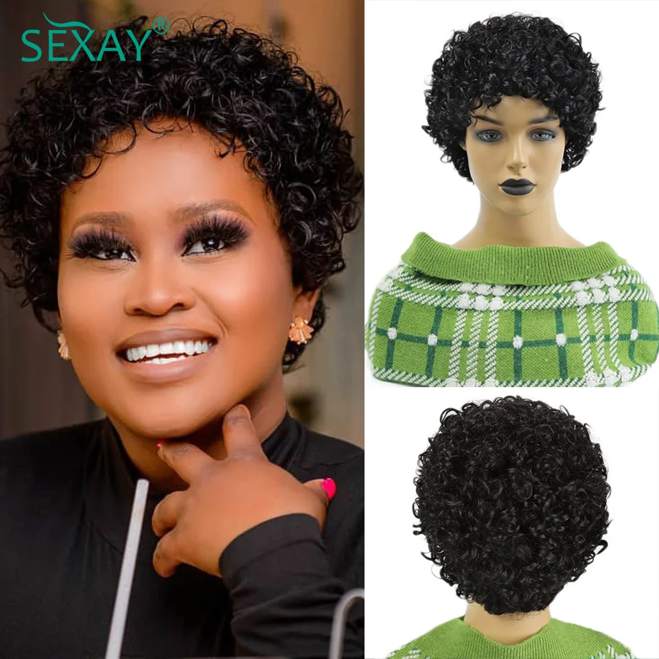 Sexay Pixie Cut Wig Human Hair Glueless Wig Peruvian Bouncy Curly Short Human Hair Machine Made Cheap Pixie Wigs For Black Women