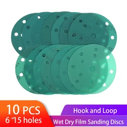6 Inch Sanding Discs 15 Holes Wet Dry Film-Backed Green Line Hook and Loop Dustless  for Woodworking or Automotive