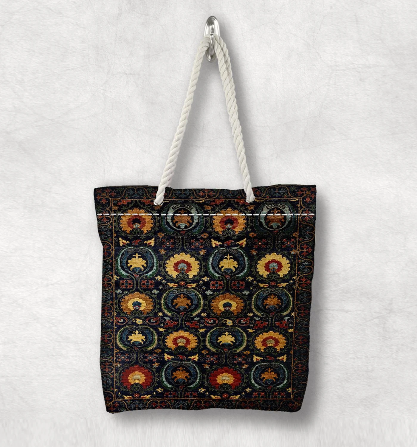 Else Bolso de lona de algodón con cremallera, bolsa de mano con diseño Kilim antiguo, negro, amarillo, Floral, con asa de cuerda blanca|Bolsos de - AliExpress