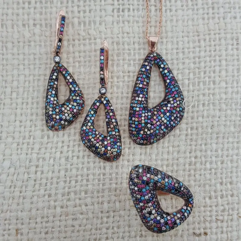 

Silver Set 925 Silver Colorful Geometric Ring Earing Necklace Set