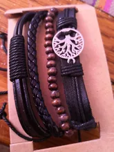 Vnox 4 unids/set envoltura trenzada pulseras de cuero para hombres Vintage Árbol de la vida amuleto timón cuentas de madera étnica muñequera Tribal