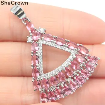 

44x31mm Beautiful Trangle Shape Created Pink Tourmaline White CZ Ladies Party Silver Pendant