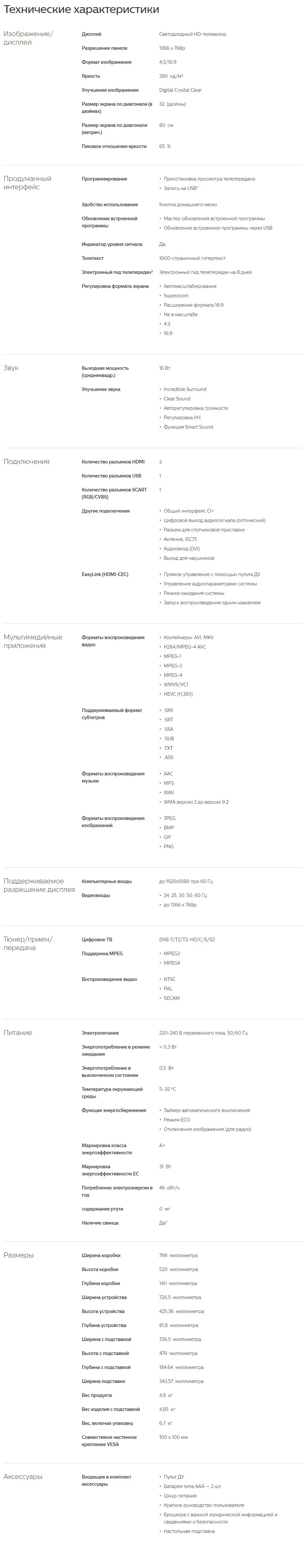 Ультратонкий светодиодный LED TV 32″ Philips 32PHS4132/60