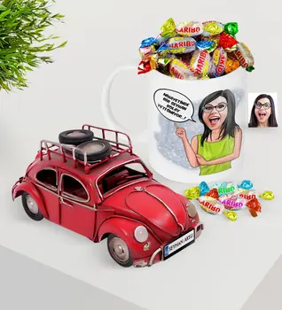 

Personalized Women 'S Easy Grow Caricature Of Platter Nostalgic Red Metal beetle And Mug Haribo Candy Seti-5
