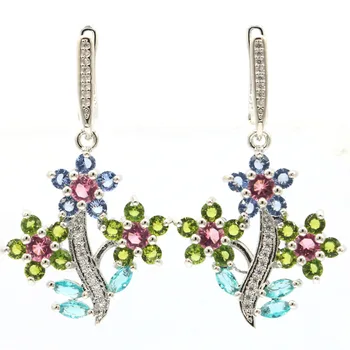 通販 43 × 25ミリメートルマルチカラーの花作成ペリドットアクアマリントルマリンcz女性のシルバーピアス