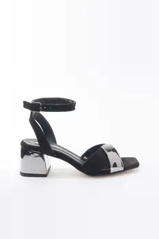 

Hanes Thick Heels Shoes Suede Blunt Nose Hologram Detailed-Black, High-Heeled women boots, heels women