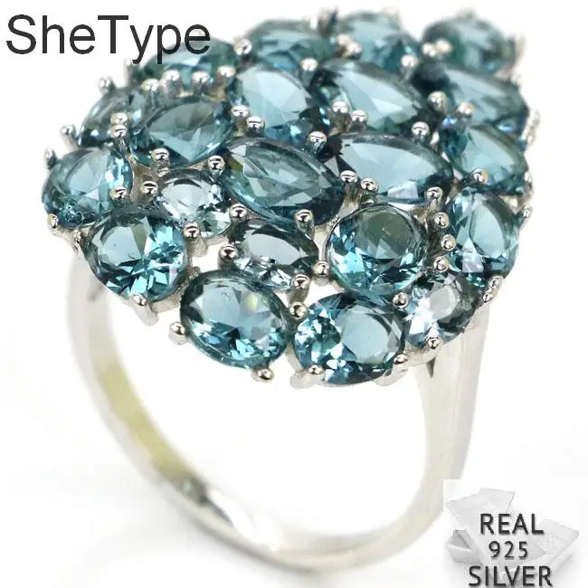28x20mm Pretty 4,8g Темный Лондонский голубой топаз дамы Настоящее серебро 925 пробы кольца
