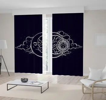 

Curtain Moon Sun Stars and Clouds Night Sky Oriental Traditional Mythical Artwork on Dark Background Printed Blue White
