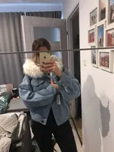 Short Coat Denim Jacket Elexs Korean Big-Fur-Collar Velvet Female Thick Student Winter