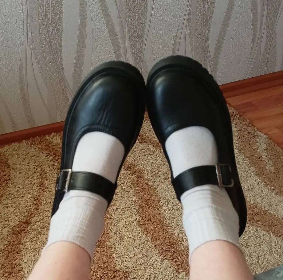 Czarne skórzane buty akademickie Lolita z okrągłym noskiem i PU