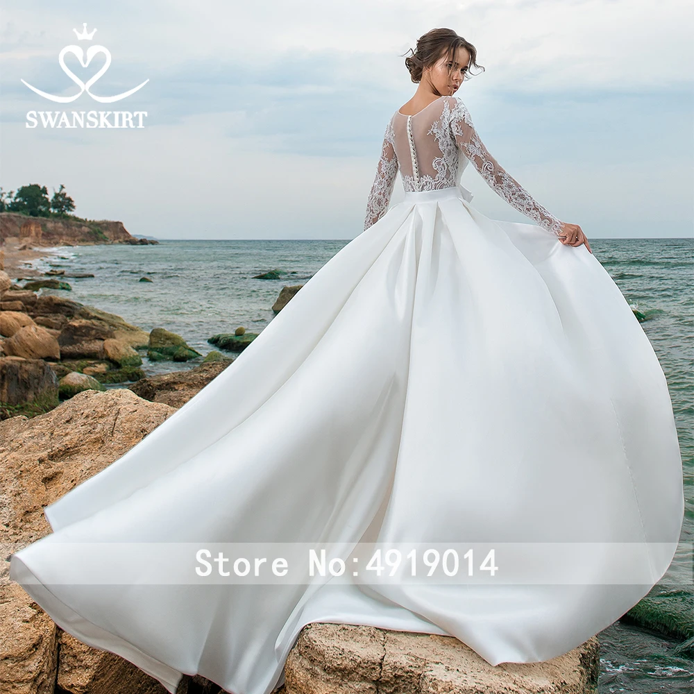 Свадебное платье со съемным шлейфом, шикарная юбка с v-образным вырезом, атласное платье русалки, свадебное платье с длинным рукавом EY02