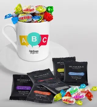

Personalized Teacher Turkish coffee Cup Selamlique Mixed Turkish Coffee House and Haribo Candy Gift Set-4