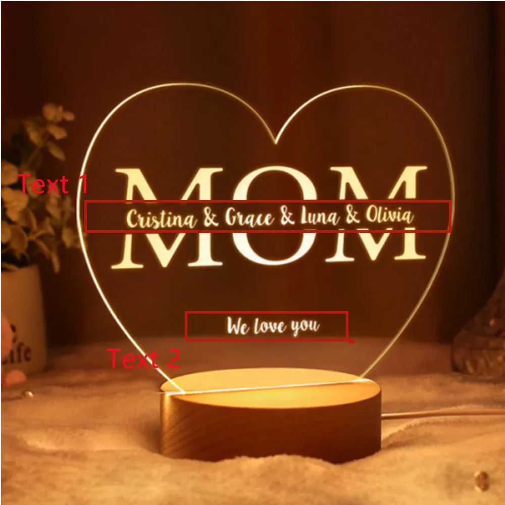 Personalized Family Tree Night Light Heart Names up to 12 Names USB Led Wooden Base Lamp for Mother’s Day Christmas Mom Gift 