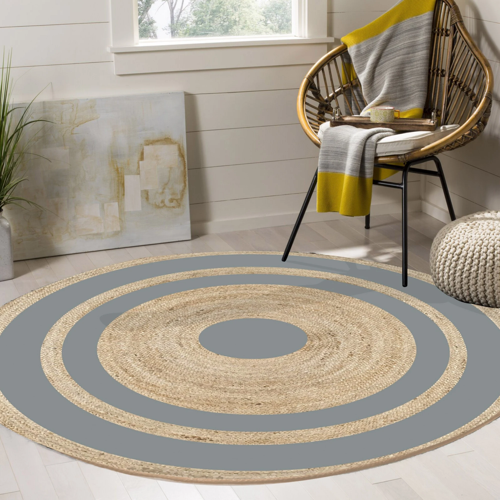 

Else Grey Circle Lines Sisal Handmade Flatweave Natural Jute Carpet Round Floor Mat Living Room Bedroom Sisal Area Rug