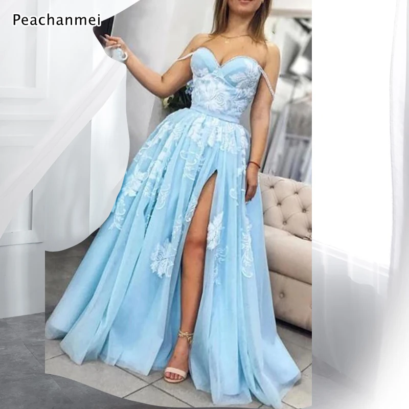 

Custom Made Long Blue Evening Dress 2019 Off the Shoulder Robe De Soiree longue Formal Dress 2019 Slit