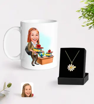 

Personalized Women 'S Teacher Caricature Of Mug And Daisy Necklace Gift set-4