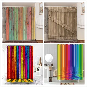 

Retro Wooden Stripe Shower Curtains Waterproof Polyester Fabric 3D Conch Starfish Printed Bathroom Curtains Washable Bath Screen