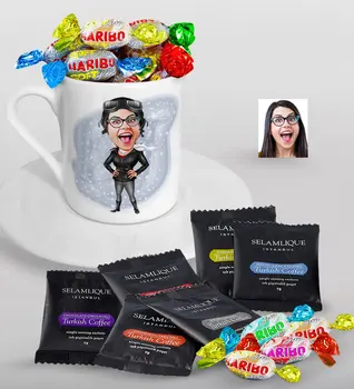 

Personalized Women 'S Pilot Caricature Of Turkish Coffee Cup Selamlique Mixed Turkish Coffee house And Haribo Candy Gift set