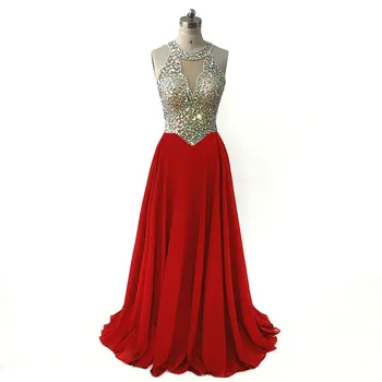 

Halter Royal Blue Chiffon Prom Dresses 2020 O Neck Red Sequined Crystal Beading Formal Long Evening Party Gowns Robe De Soiree