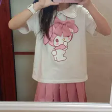 Camiseta japonesa de manga corta con estampado de dibujos animados para mujer, blusa rosa con cuello de muñeca, playera holgada suave para chica