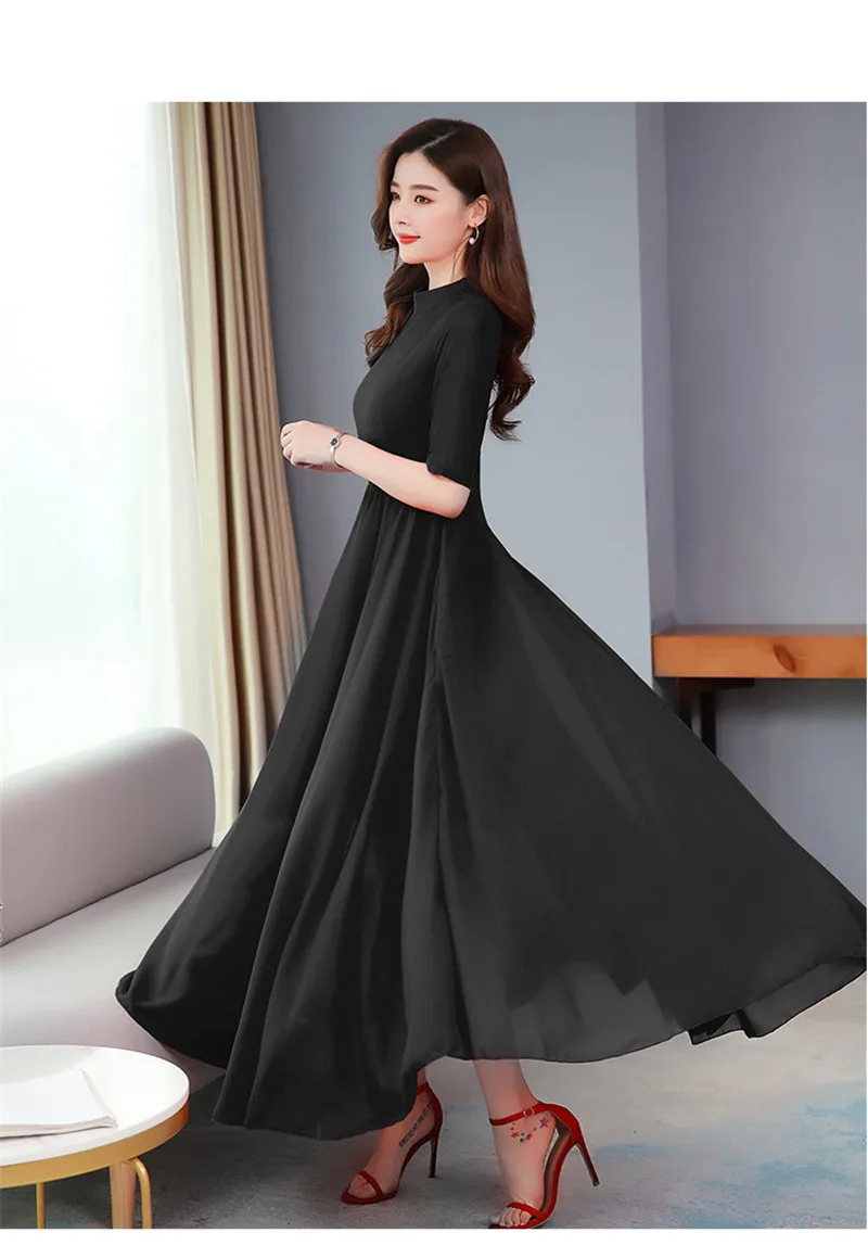 Vestido de Manga Fino e Grande Curta Verão Novo Retro Gola Senhoras Cor Sólida Cintura Foi Swing Chiffon Vestido 2021 20 High Quality Moda Feminina
