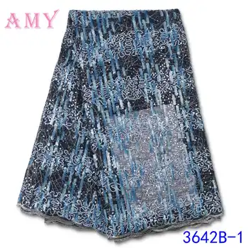 

Blue African Lace Fabric 2020 Tulle Embroidery With Sequin High Quality Beautiful French Mesh AMY3642B
