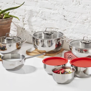 

Roe 13 piece 3 pots 3 lids 3 storage containers 1milk pot stainless steel cookware stylish handle fireproof non stick turkish